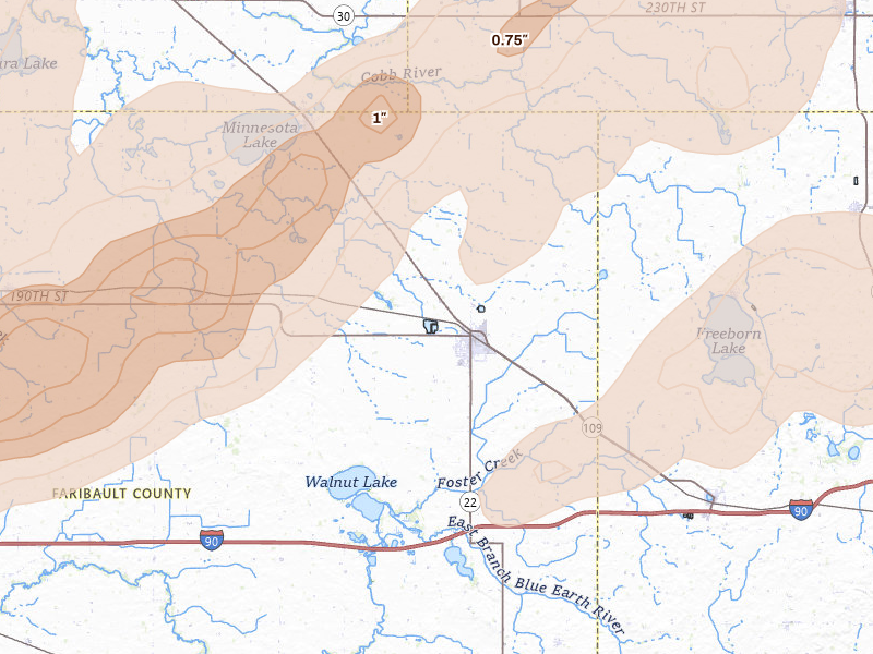 Radar-estimated hail-size map of the storm over Wells, MN on Sep 1, 2026