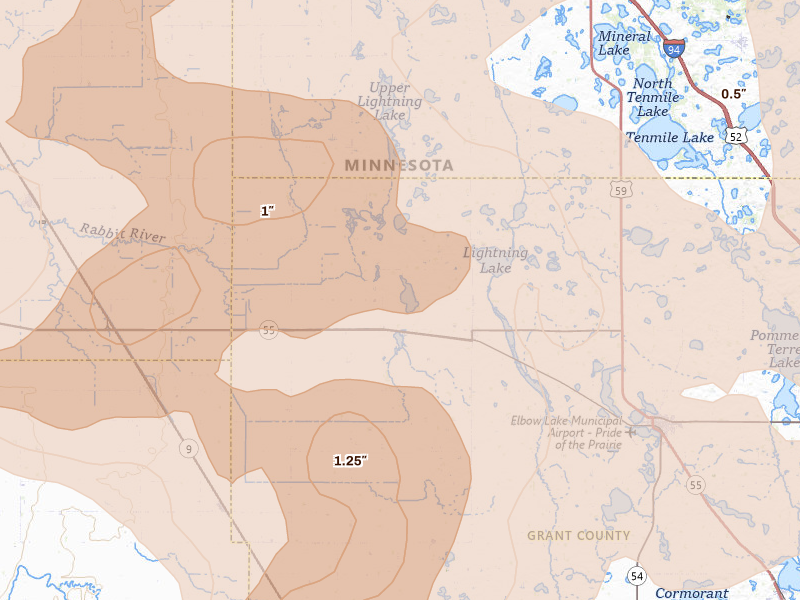 Radar-estimated hail-size map of the storm over Wendell, MN on Jul 6, 2026