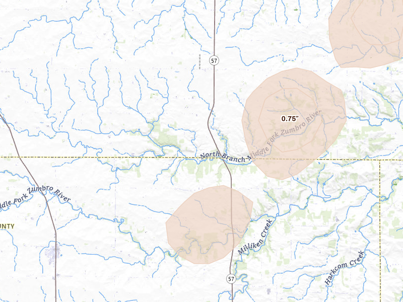 Radar-estimated hail-size map of the storm over West Concord, MN on Jun 29, 2026