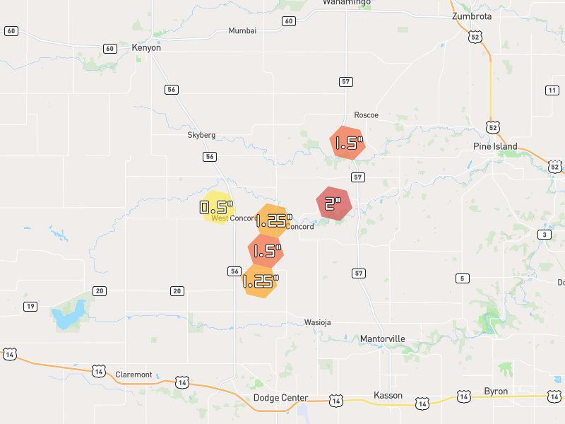 Hail map of West Concord, MN on Jun 30, 2026, hail up to 2"