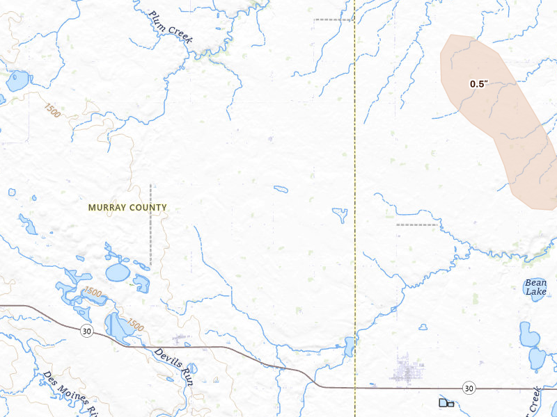 Radar-estimated hail-size map of the storm over Westbrook, MN on Jun 27, 2026