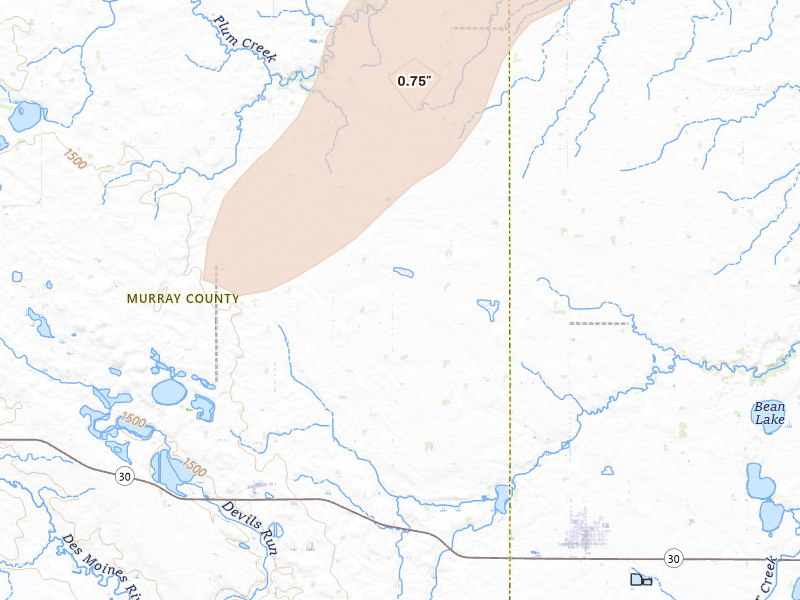 Radar-estimated hail-size map of the storm over Westbrook, MN on Jun 29, 2026