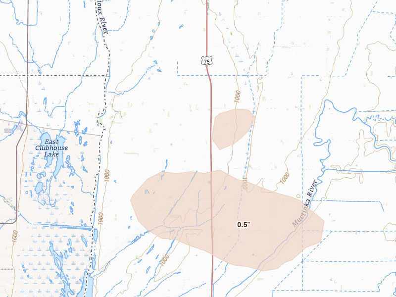 Radar-estimated hail-size map of the storm over Wheaton, MN on Aug 6, 2026
