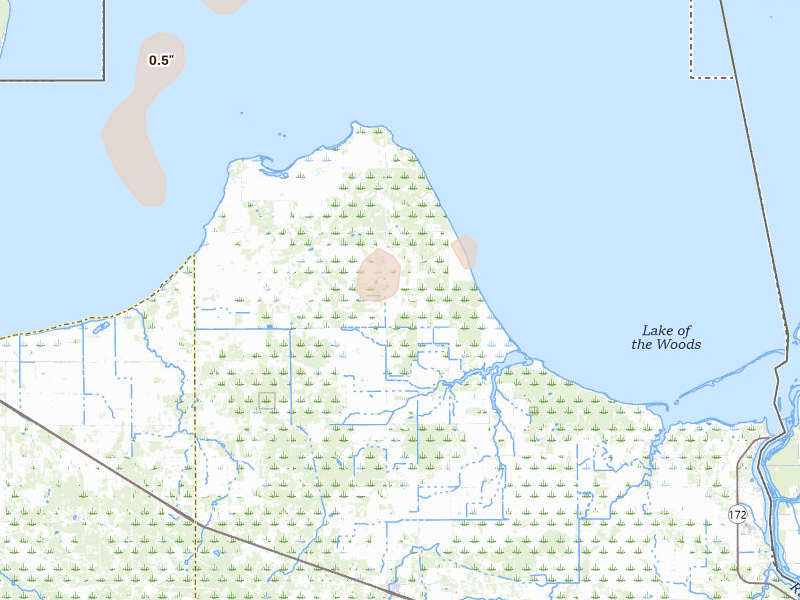Radar-estimated hail-size map of the storm over Williams, MN on Jun 10, 2026