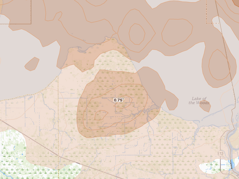 Radar-estimated hail-size map of the storm over Williams, MN on Jul 6, 2026