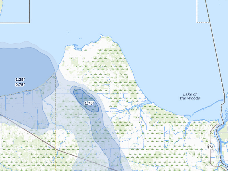 NEXRAD radar-signature map of the hail storm over Williams, MN on Jul 6, 2026