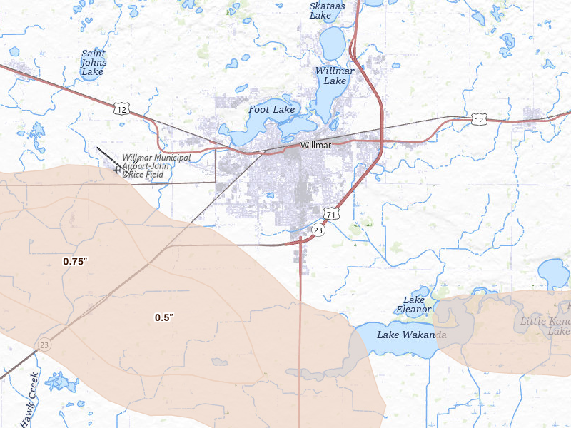Radar-estimated hail-size map of the storm over Willmar, MN on May 24, 2026