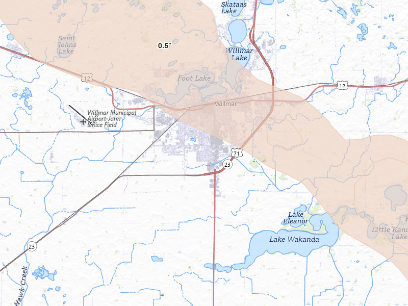 Radar-estimated hail-size map of the storm over Willmar, MN on Jun 23, 2026