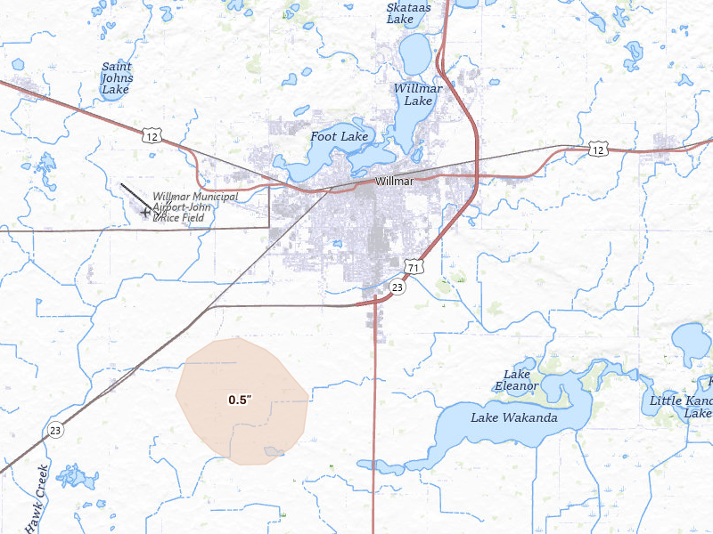Radar-estimated hail-size map of the storm over Willmar, MN on Jul 19, 2026