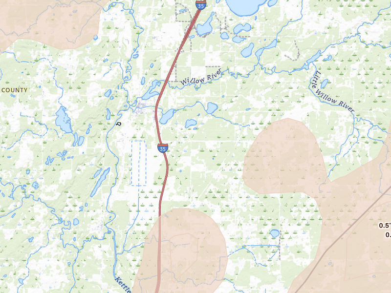 Radar-estimated hail-size map of the storm over Willow River, MN on Jun 10, 2026
