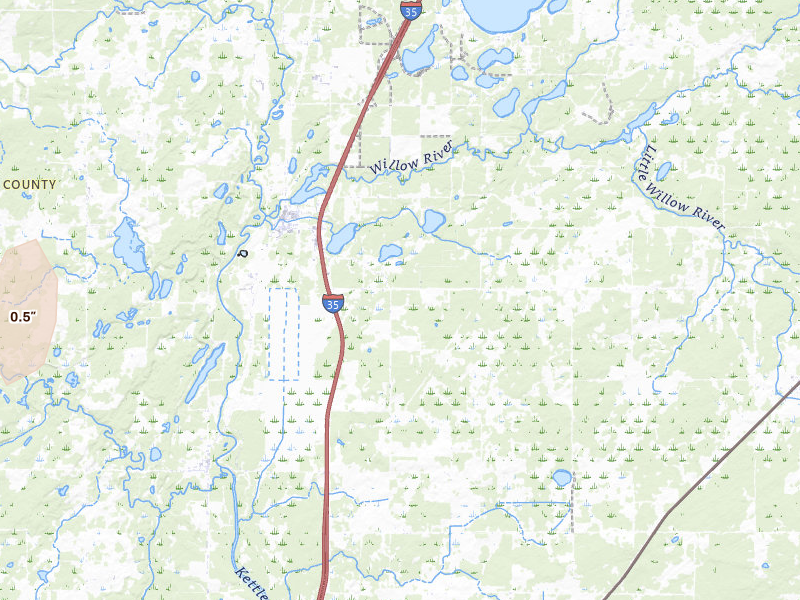 Radar-estimated hail-size map of the storm over Willow River, MN on Jul 19, 2026