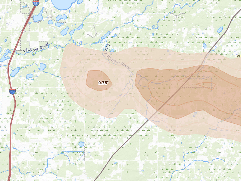 Radar-estimated hail-size map of the storm over Willow River, MN on Aug 25, 2026