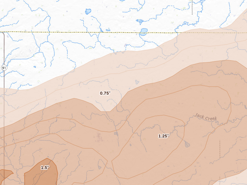 Radar-estimated hail-size map of the storm over Wilmont, MN on May 17, 2026