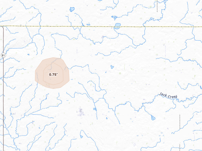 Radar-estimated hail-size map of the storm over Wilmont, MN on Jul 27, 2026