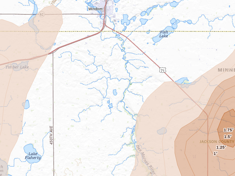 Radar-estimated hail-size map of the storm over Windom, MN on May 17, 2026