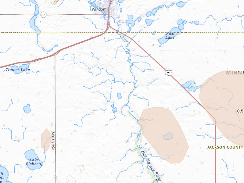 Radar-estimated hail-size map of the storm over Windom, MN on Jun 27, 2026