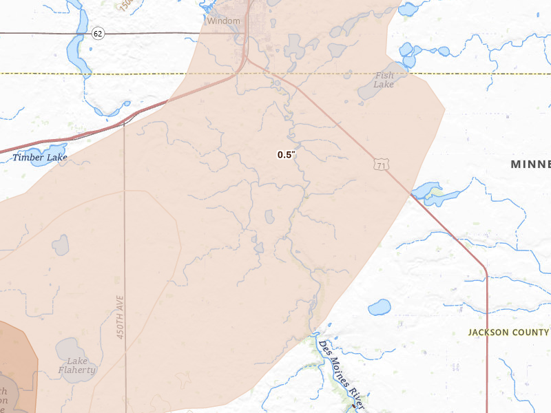 Radar-estimated hail-size map of the storm over Windom, MN on Jun 29, 2026