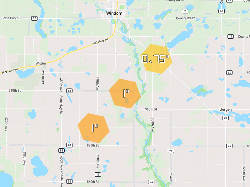 Hail map of Windom, MN on Jun 30, 2026, hail up to 1"