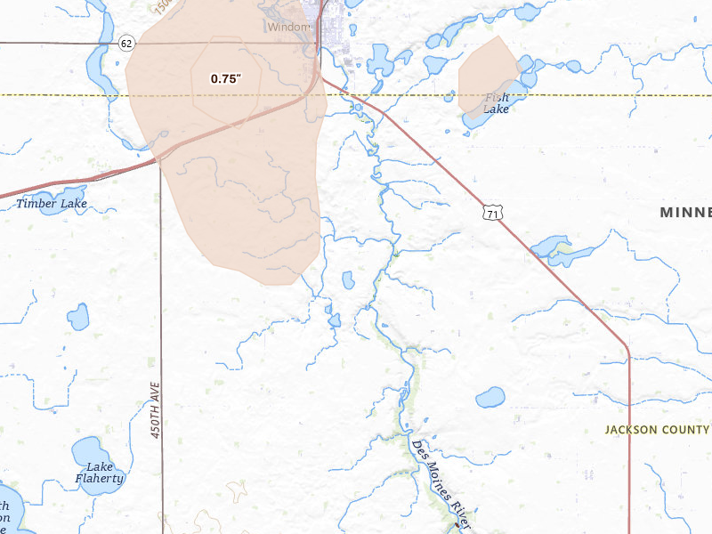 Radar-estimated hail-size map of the storm over Windom, MN on Jul 4, 2026
