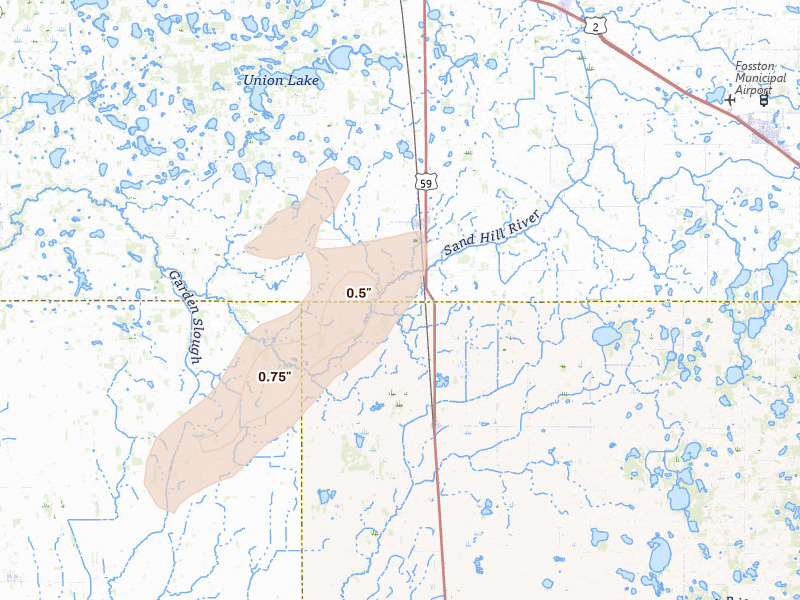 Radar-estimated hail-size map of the storm over Winger, MN on Jun 8, 2026