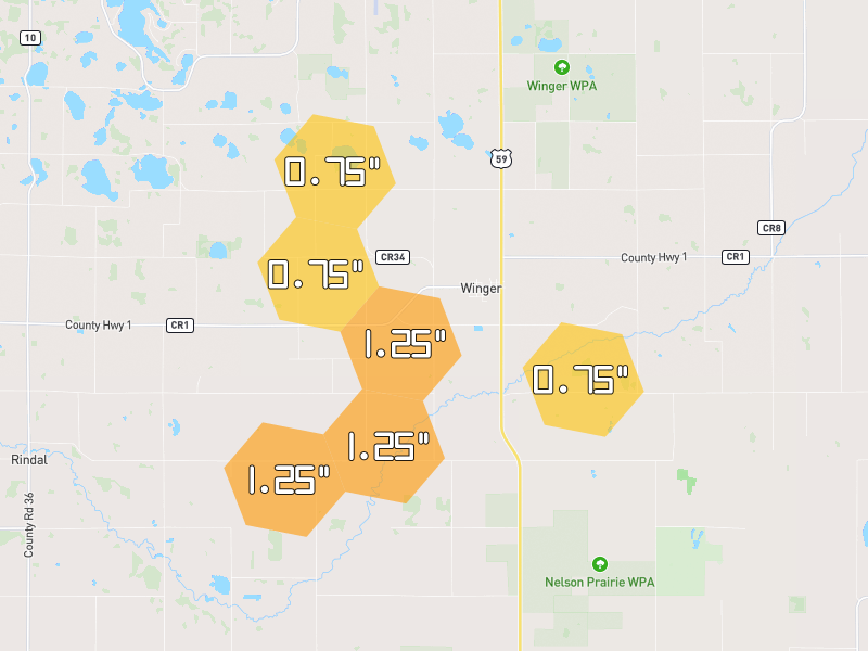 Hail map of Winger, MN on Jun 9, 2026, hail up to 1.25"