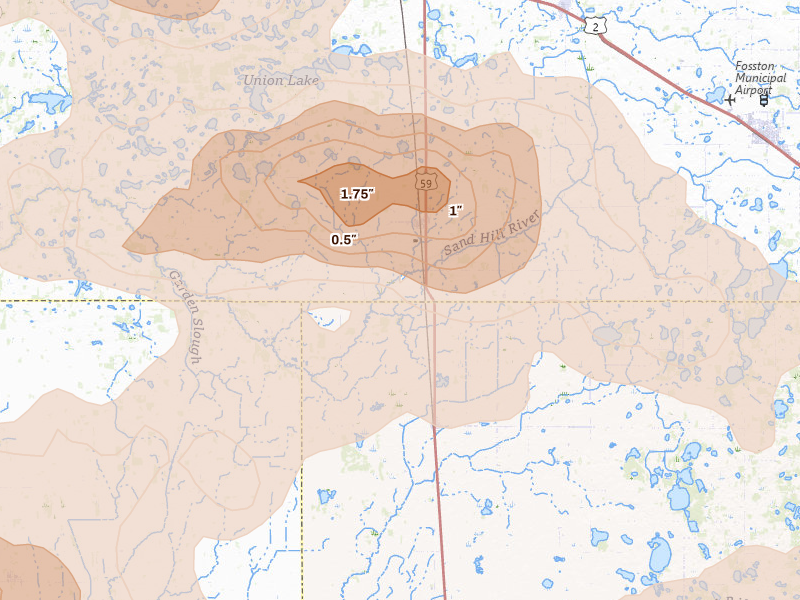 Radar-estimated hail-size map of the storm over Winger, MN on Jul 6, 2026