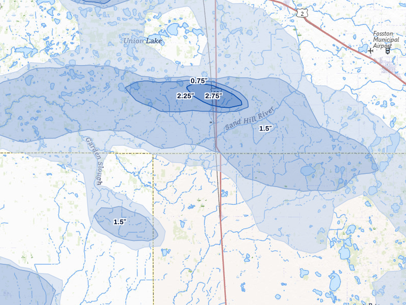 NEXRAD radar-signature map of the hail storm over Winger, MN on Jul 6, 2026