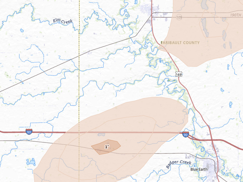 Radar-estimated hail-size map of the storm over Winnebago, MN on May 15, 2026