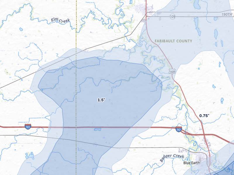 NEXRAD radar-signature map of the hail storm over Winnebago, MN on Jun 29, 2026