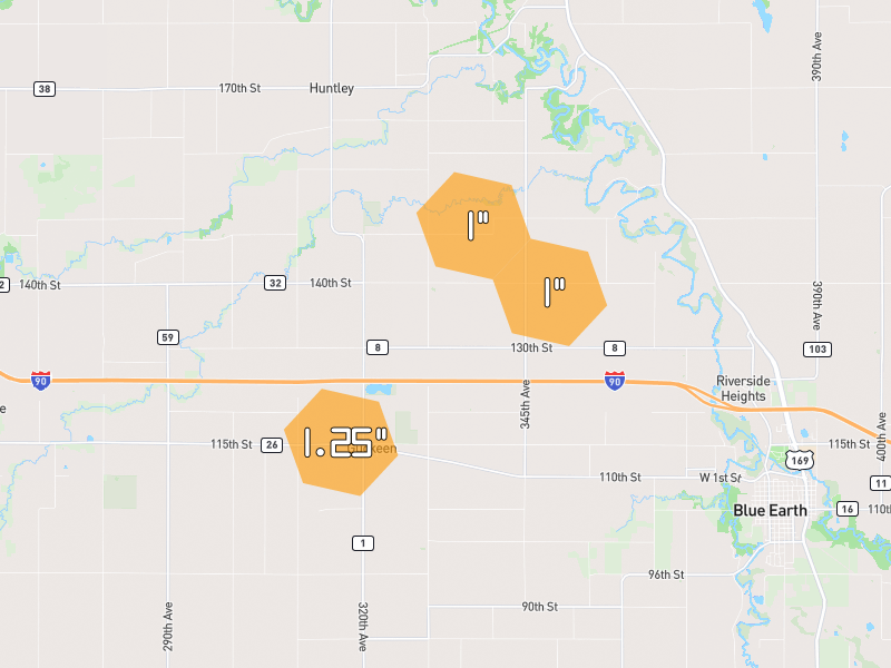 Hail map of Winnebago, MN on Jun 30, 2026, hail up to 1.25"