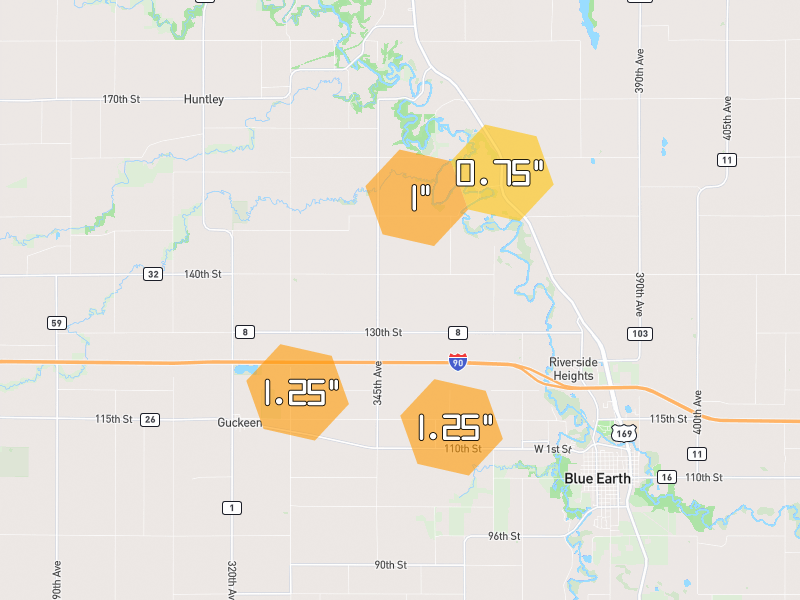 Hail map of Winnebago, MN on Jul 1, 2026, hail up to 1.25"