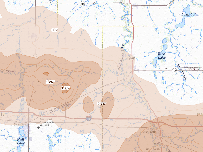 Radar-estimated hail-size map of the storm over Winnebago, MN on Aug 7, 2026