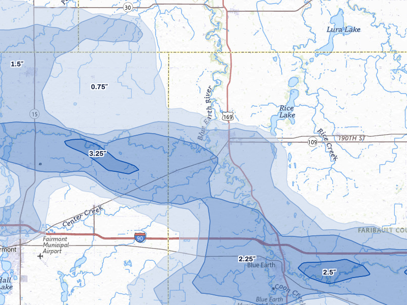 NEXRAD radar-signature map of the hail storm over Winnebago, MN on Aug 7, 2026