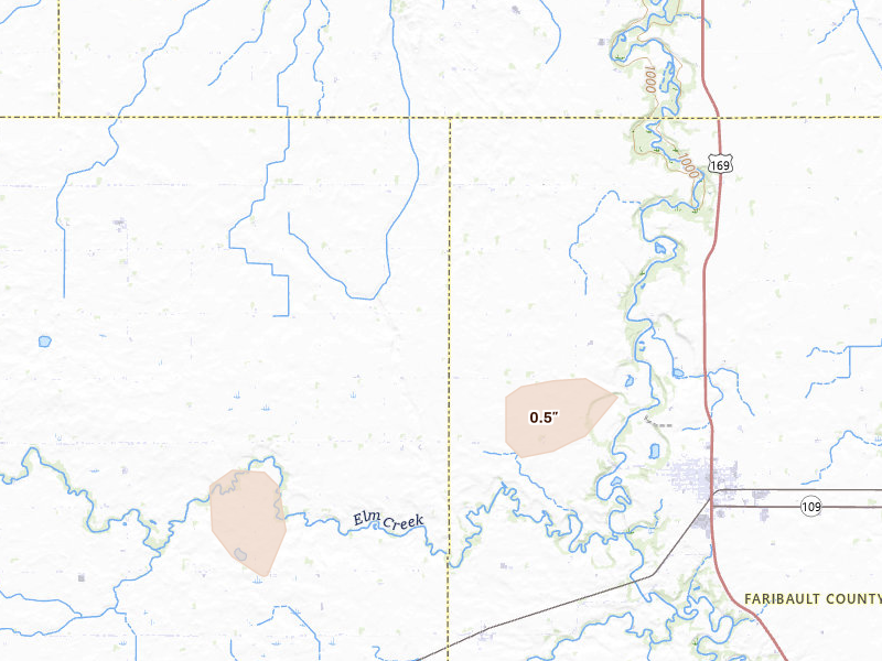 Radar-estimated hail-size map of the storm over Winnebago, MN on Aug 8, 2026