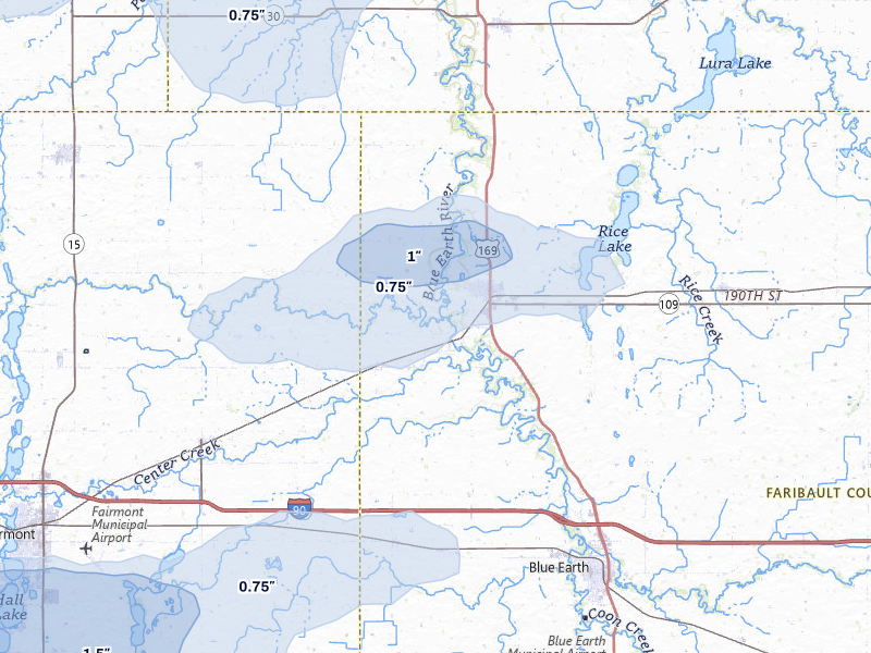 NEXRAD radar-signature map of the hail storm over Winnebago, MN on Aug 8, 2026