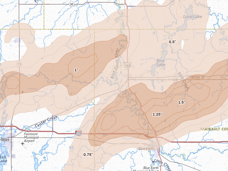 Radar-estimated hail-size map of the storm over Winnebago, MN on Sep 1, 2026