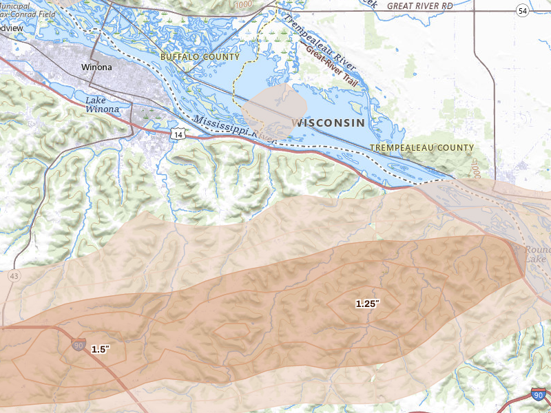 Radar-estimated hail-size map of the storm over Winona, MN on Sep 1, 2026