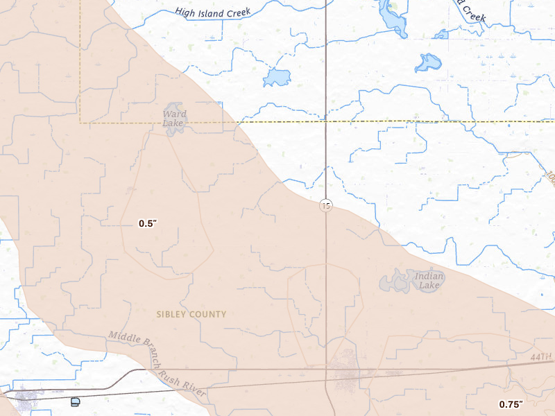 Radar-estimated hail-size map of the storm over Winthrop, MN on May 24, 2026