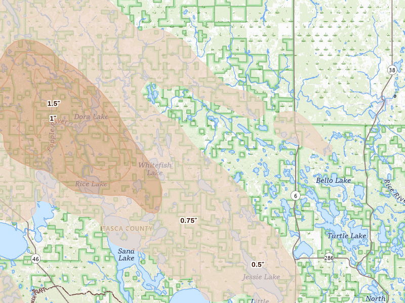 Radar-estimated hail-size map of the storm over Wirt, MN on Jul 24, 2026