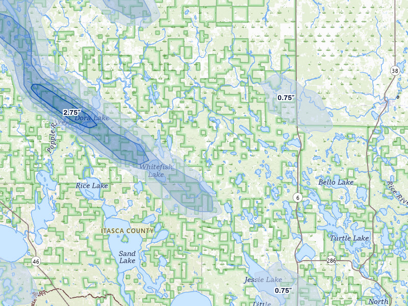 NEXRAD radar-signature map of the hail storm over Wirt, MN on Jul 24, 2026