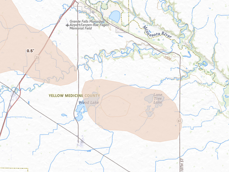 Radar-estimated hail-size map of the storm over Wood Lake, MN on Jun 5, 2026