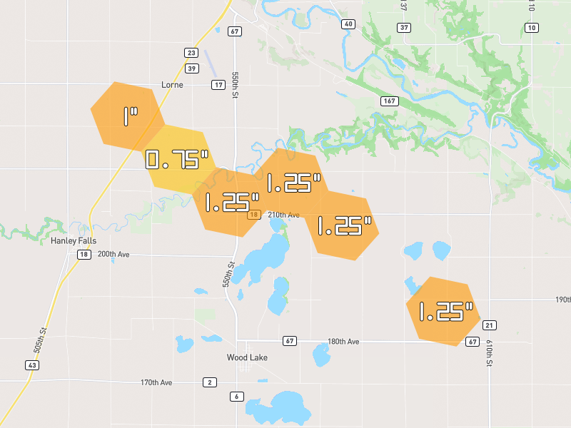 Hail map of Wood Lake, MN on Jun 5, 2026, hail up to 1.25"
