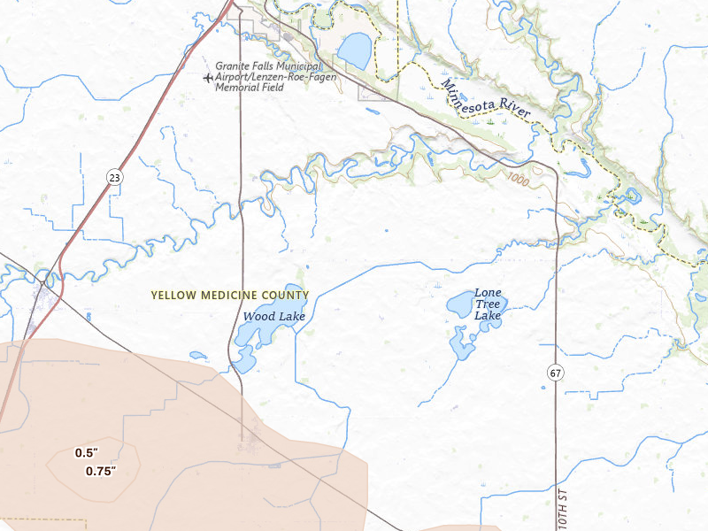 Radar-estimated hail-size map of the storm over Wood Lake, MN on Jun 15, 2026