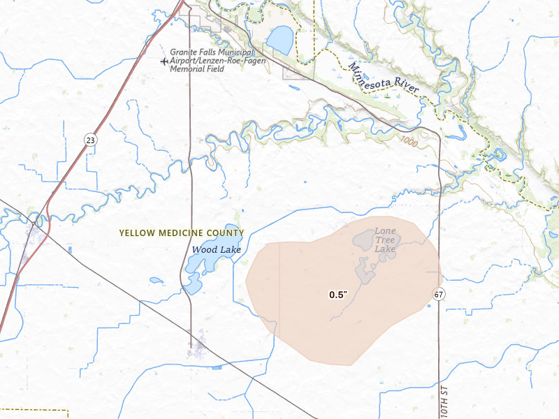 Radar-estimated hail-size map of the storm over Wood Lake, MN on Jul 6, 2026