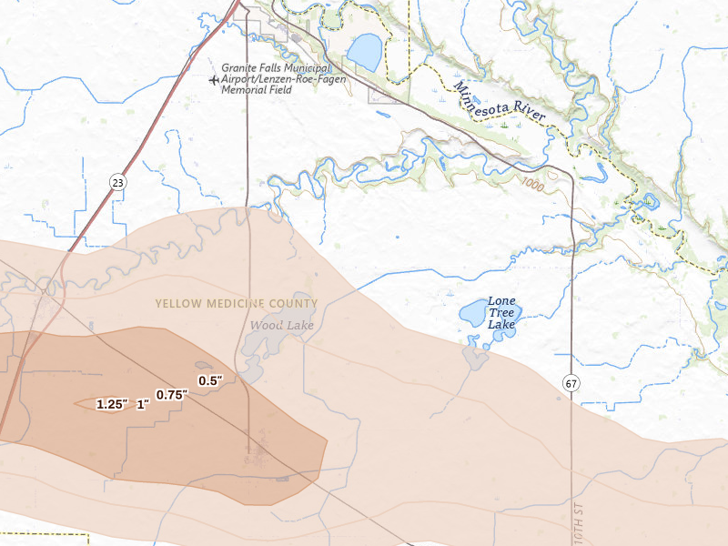 Radar-estimated hail-size map of the storm over Wood Lake, MN on Jul 7, 2026