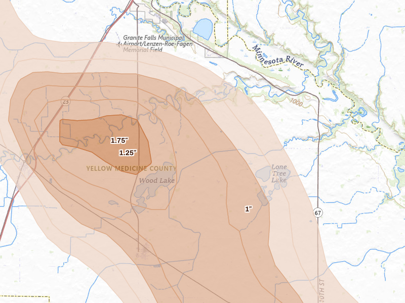 Radar-estimated hail-size map of the storm over Wood Lake, MN on Aug 20, 2026