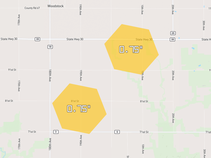 Hail map of Woodstock, MN on Jun 30, 2026, hail up to 0.75"
