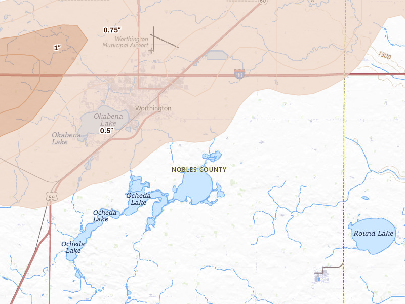Radar-estimated hail-size map of the storm over Worthington, MN on May 17, 2026