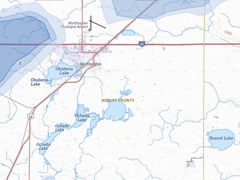 NEXRAD radar-signature map of the hail storm over Worthington, MN on May 17, 2026