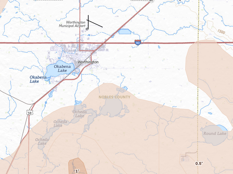 Radar-estimated hail-size map of the storm over Worthington, MN on Jun 27, 2026